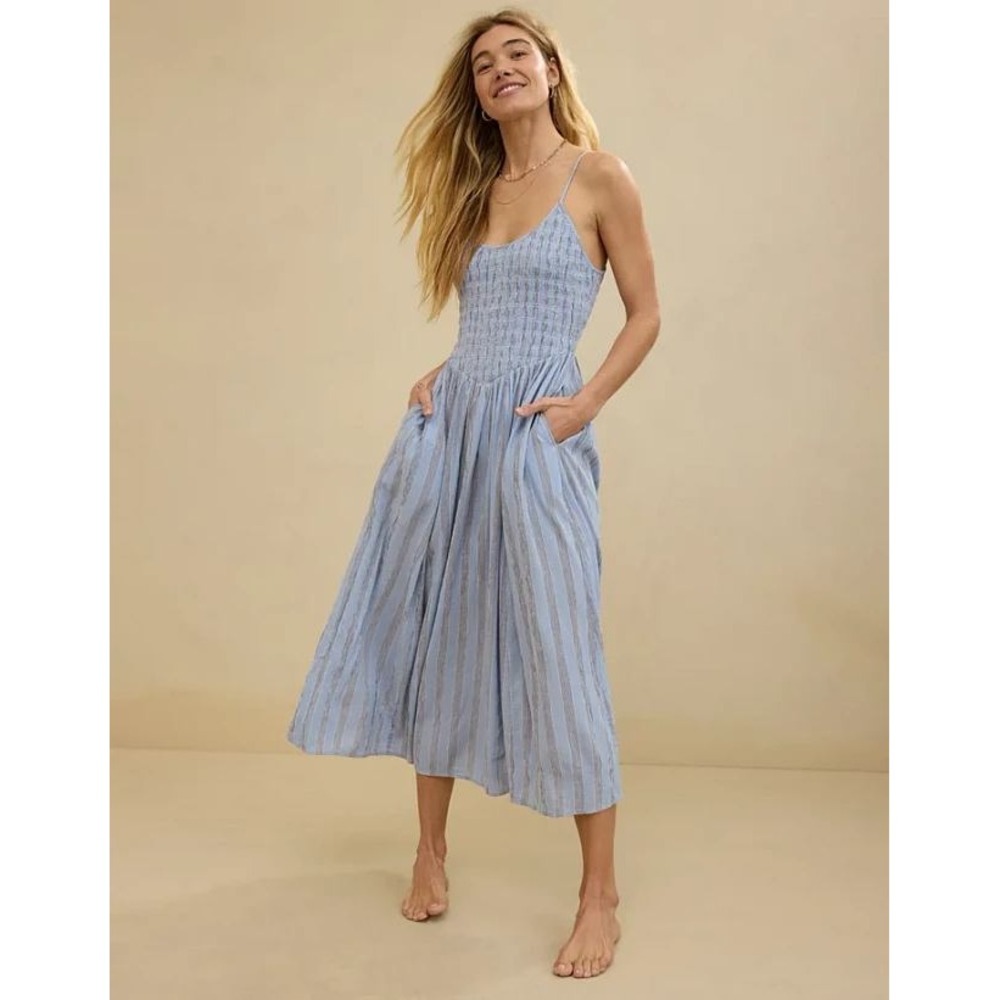 Aerie Maxi Dress Women Small Blue Striped Smocked Bodice Spaghetti Strap NEW